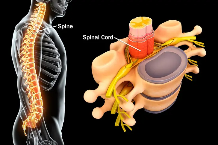 Spine anatomy illustration showing vertebrae and spinal cord structure