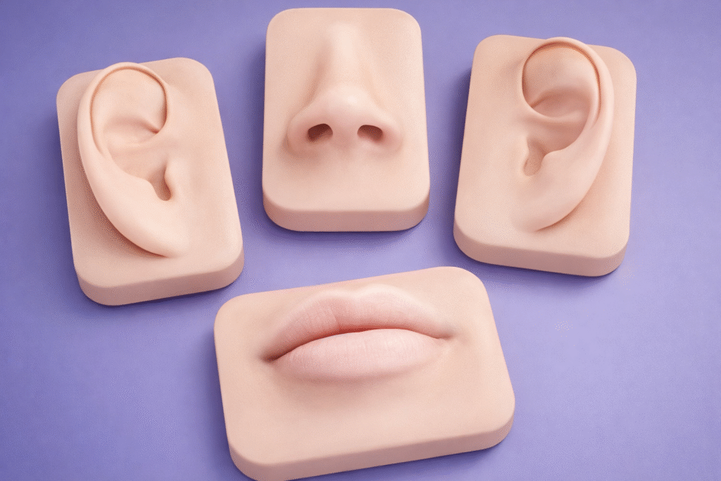 Maxillofacial prosthesis models including artificial ear, nose, and lips used for facial reconstruction