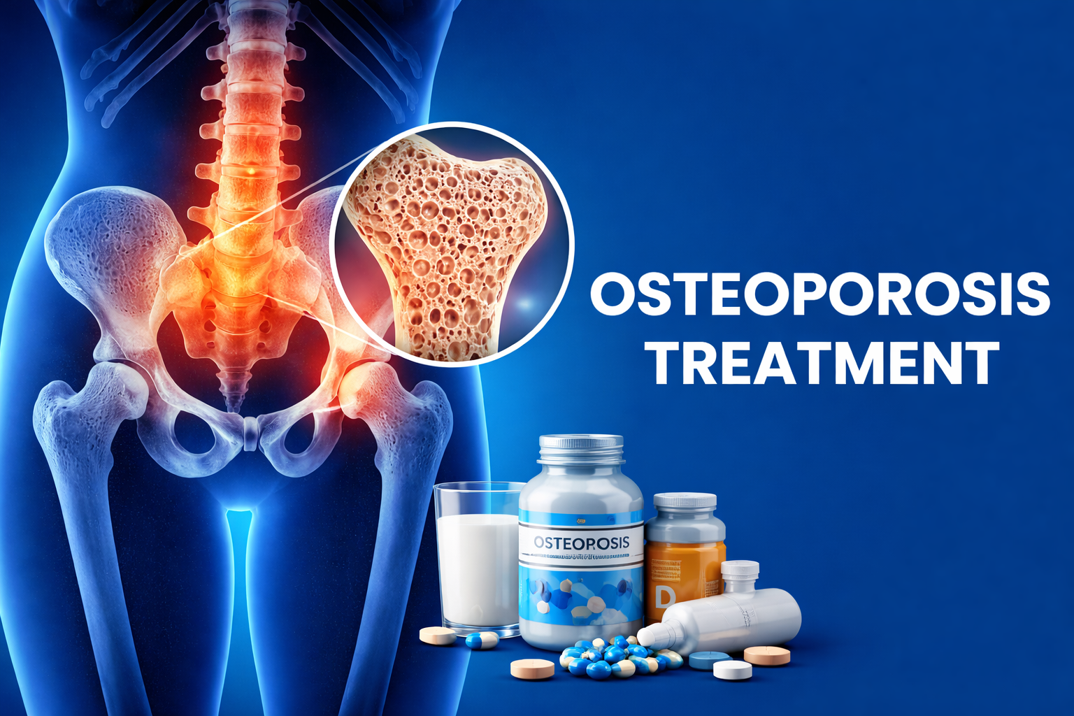 Osteoporosis treatment illustration showing weak bones, spine, and calcium supplements for bone health