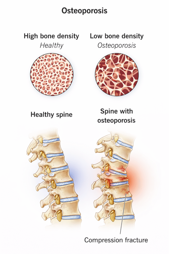 Osteoporosis comparison showing healthy bone density vs low bone density and spine compression fracture