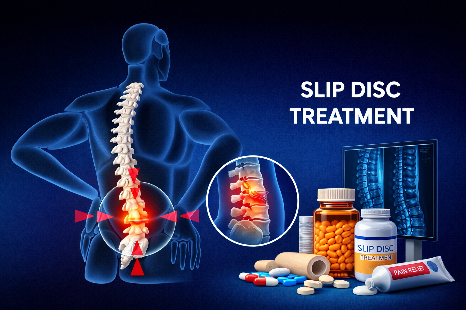 Slip disc illustration showing lower back spine pain and herniated disc treatment