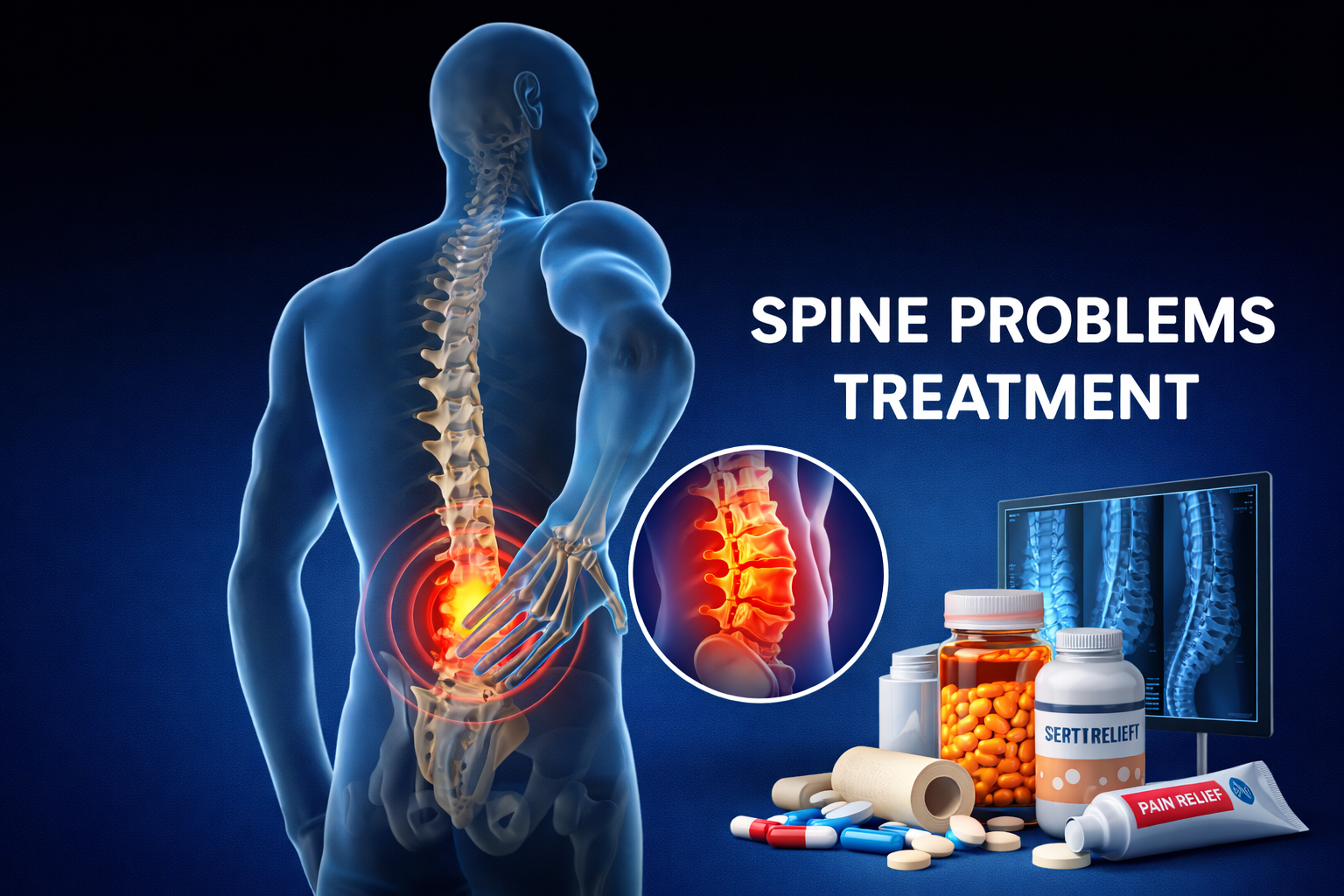Spine problems illustration showing lower back pain and spine treatment options