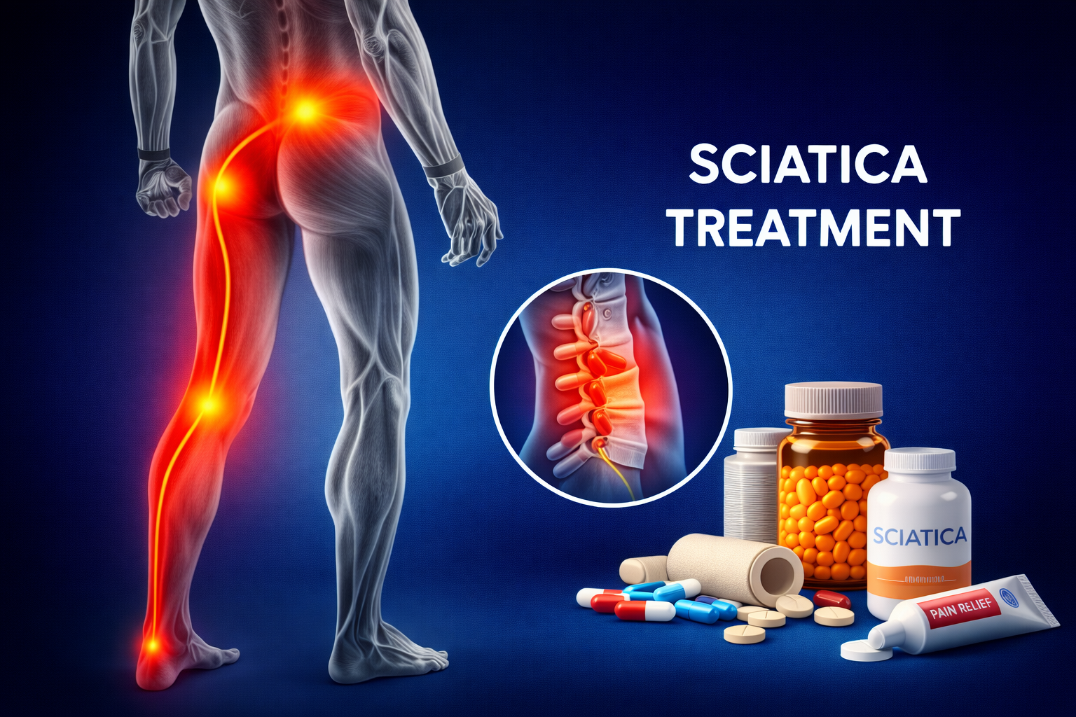 Sciatica pain affecting lower back and leg with nerve compression illustration