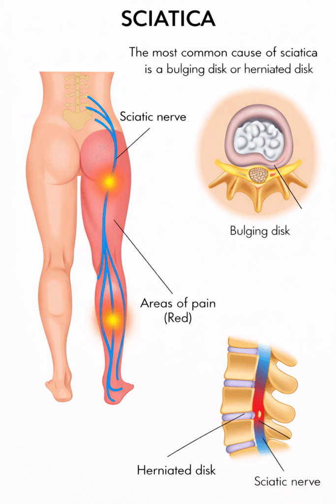 Sciatica nerve pain diagram showing bulging disc and herniated disc causing leg pain