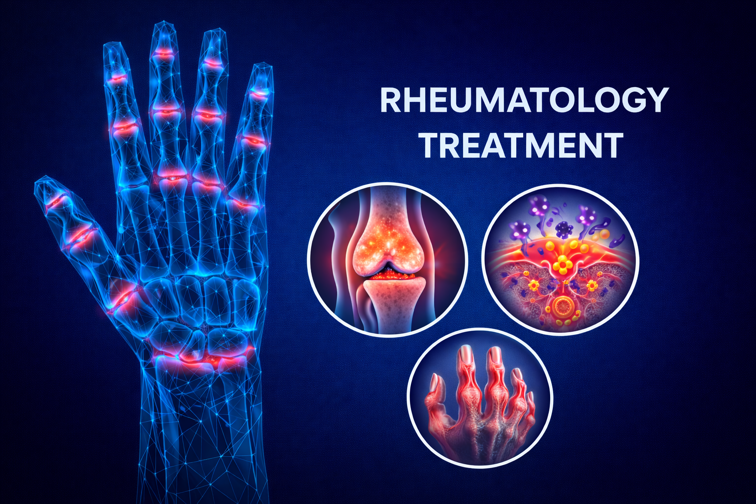 Rheumatology treatment illustration showing inflamed hand joints and arthritis inflammation