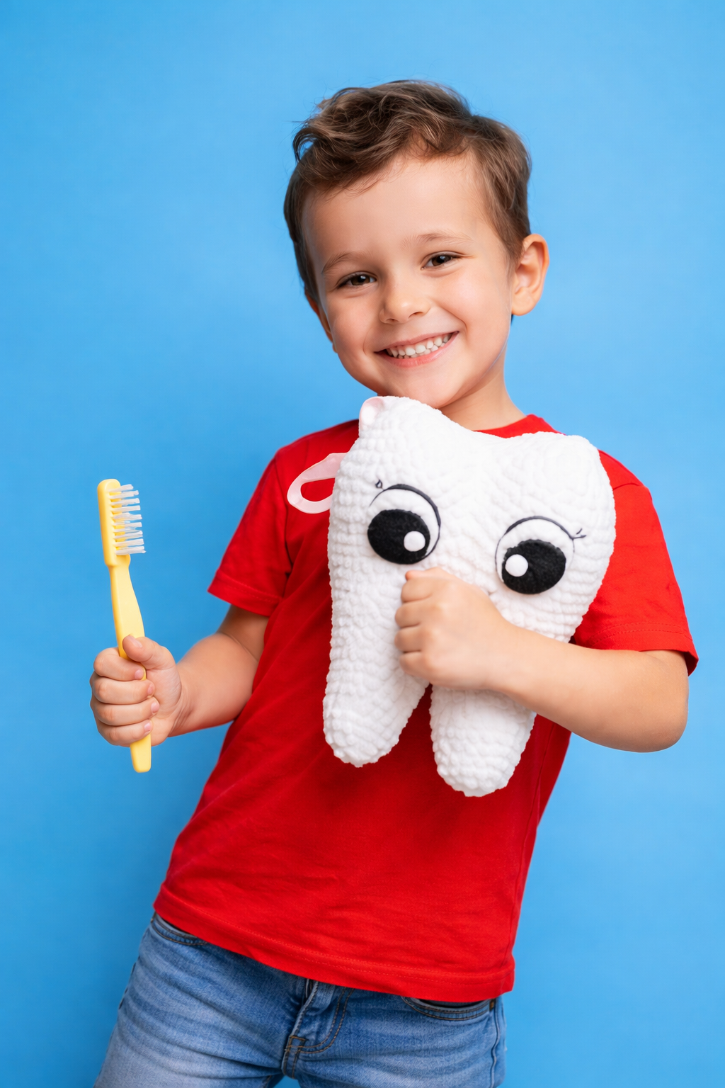 Smiling child holding a toothbrush and tooth toy promoting kids dental care