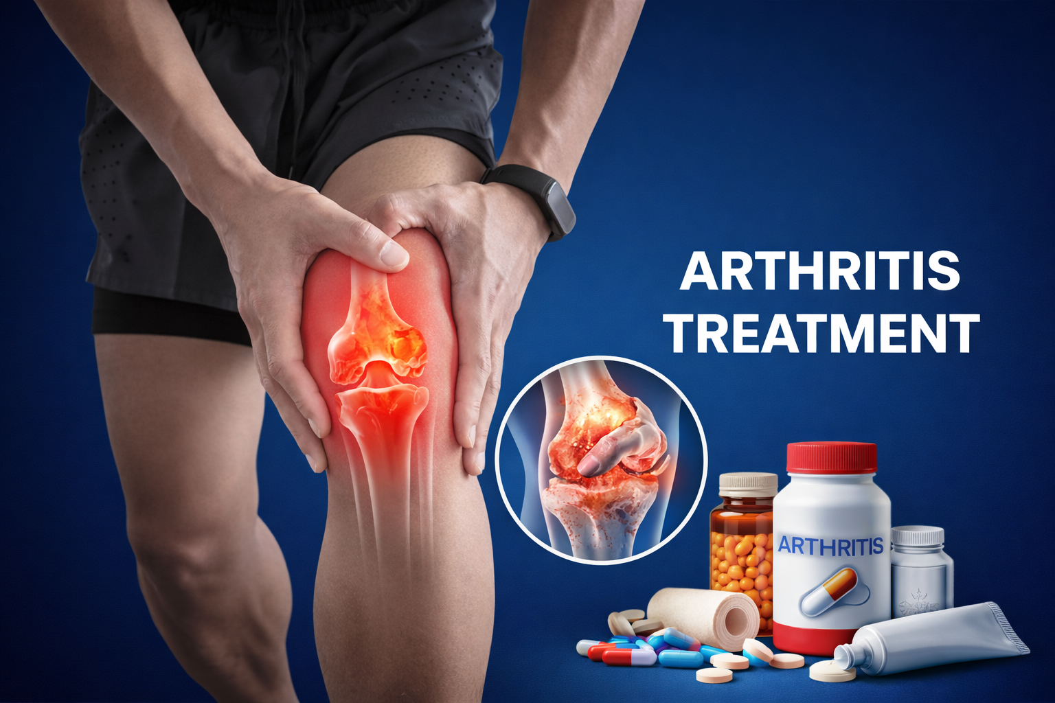 Arthritis knee pain with inflammation illustration and arthritis treatment medicines