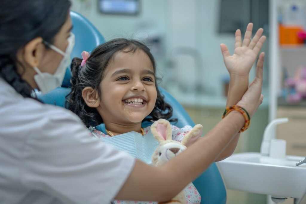 Happy child at dental clinic during pediatric dental checkup and kids dentistry treatment