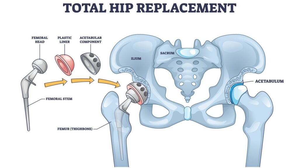 Total hip replacement diagram showing femoral stem, femoral head, plastic liner and acetabular component placed in hip joint