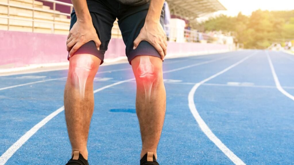 Runner holding painful knees on track due to sports injury and knee pain